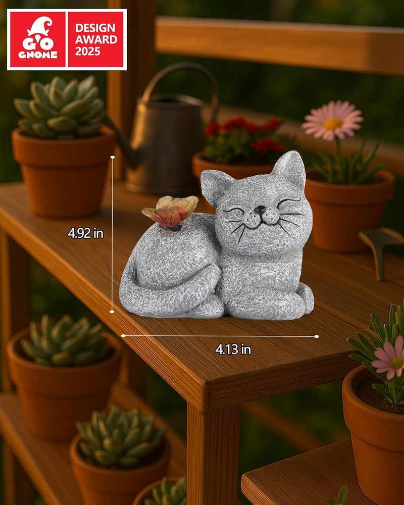 GoGnome Solar Cat Garden Statue with Butterfly Light – 5-Inch Outdoor Resin Figurine for Yard, Patio, Balcony – Gifts for Women, Garden Decor Accent (Cat) - Image 4